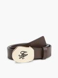 Brown Pebble Grain Leather Logo Plaque Belt  Women