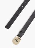 Black Pebble Grain Leather Logo Plaque Belt  Women