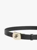 Black Pebble Grain Leather Logo Plaque Belt  Women