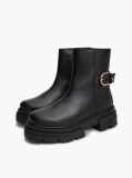 Black Chunky Cleat Leather Ankle Boots  Women