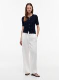 Blue Pointelle Gold-Tone Button Short Sleeve Cardigan  Women
