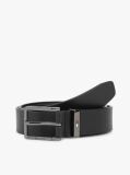 Black Debossed Logo Square Buckle Leather Belt  Men