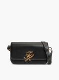 Black Leather Flap Logo Plaque Crossbody Bag  Women