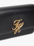 Black Leather Flap Logo Plaque Crossbody Bag  Women