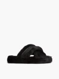 Black Faux Fur Crossover Strap Slippers  Women