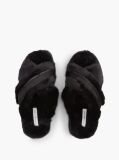 Black Faux Fur Crossover Strap Slippers  Women