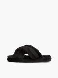 Black Faux Fur Crossover Strap Slippers  Women