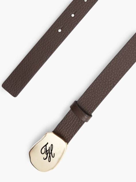 Brown Pebble Grain Leather Logo Plaque Belt  Women