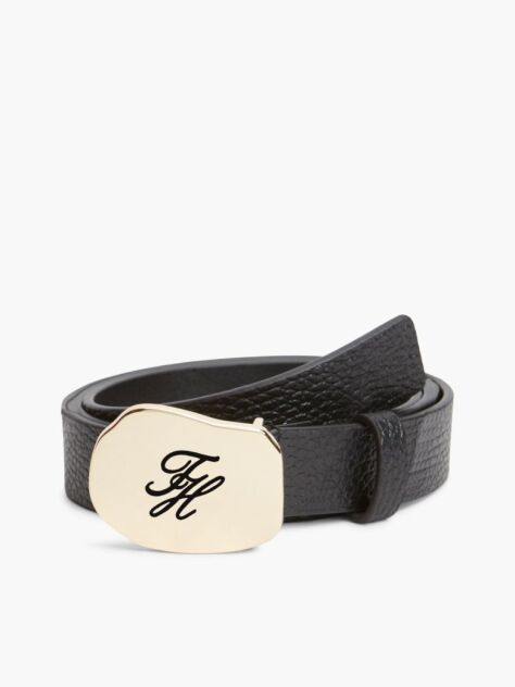 Black Pebble Grain Leather Logo Plaque Belt  Women