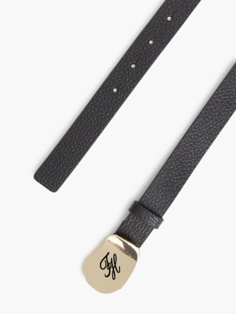 Black Pebble Grain Leather Logo Plaque Belt  Women