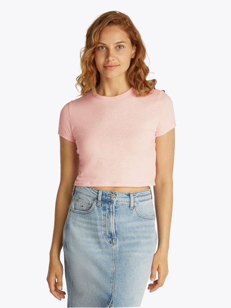 Ροζ T-Shirt Σε Slim Γραμμή Με Tonal Σημαία  Γυναίκες