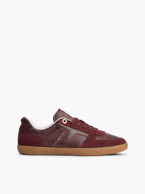 Red Leather Mixed Texture Enamel Flag Sneakers  Women