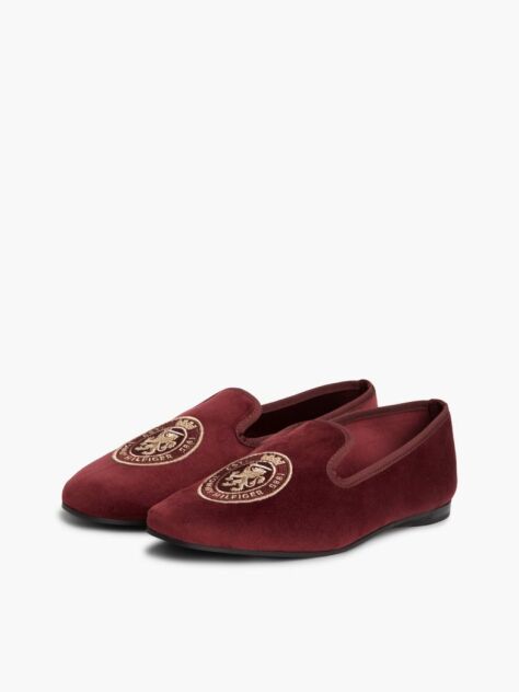 Red Crest Velour Loafer Slippers  Women