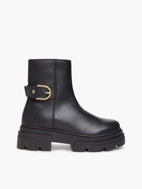 Black Chunky Cleat Leather Ankle Boots  Women