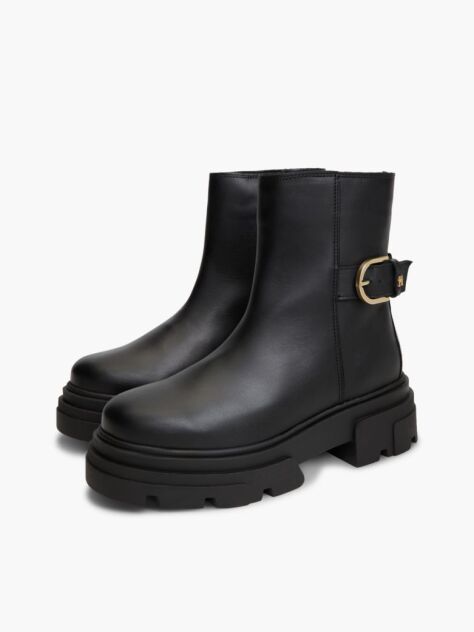 Black Chunky Cleat Leather Ankle Boots  Women