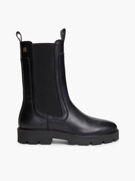 Black Leather Cleat High Chelsea Boots  Women