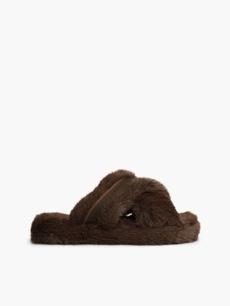 Brown Faux Fur Crossover Strap Slippers  Women