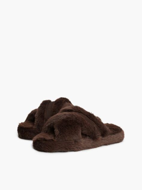 Brown Faux Fur Crossover Strap Slippers  Women