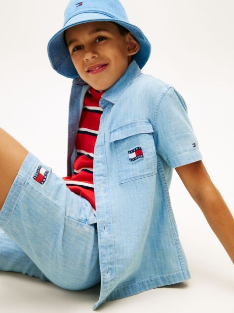 Denim Wavy Flag Short Sleeve Denim Shirt  Boys