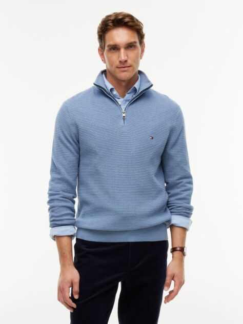 Blue Textured Quarter-Zip Mock Neck Jumper With Cashmere  Men