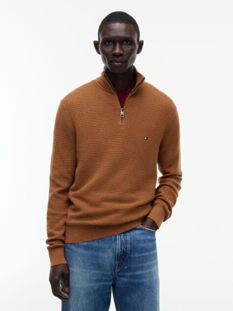 Brown Textured Quarter-Zip Mock Neck Jumper With Cashmere  Men