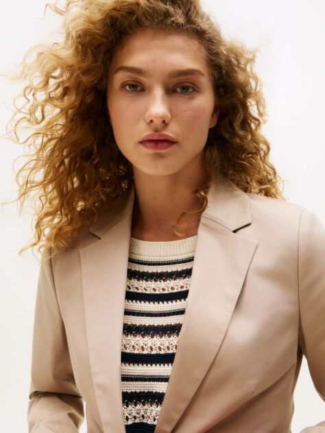 Beige Crest Embroidery Slim Fit Twill Blazer  Women