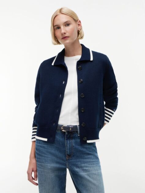 Blue Back Logo Embroidery Relaxed Polo Cardigan  Women