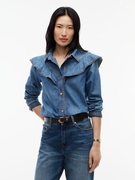 Blue Regular Fit Ruffle Denim Shirt  Women