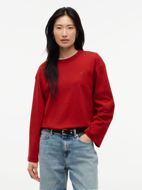 Red Interlock Knit Relaxed Long Sleeve T-Shirt  Women