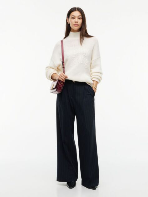 Blue Pleated Twill Wide Leg Trousers  Women