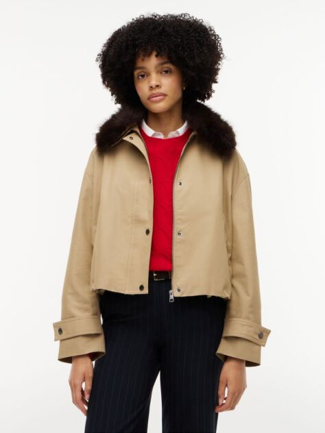 Brown Faux Fur Collar Oversized Bomber Jacket  Women