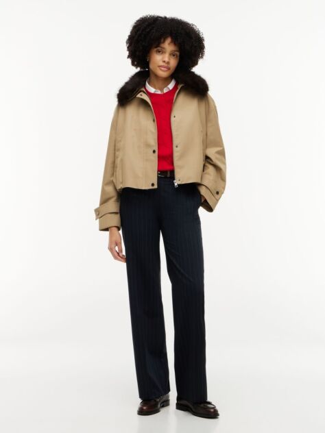 Brown Faux Fur Collar Oversized Bomber Jacket  Women