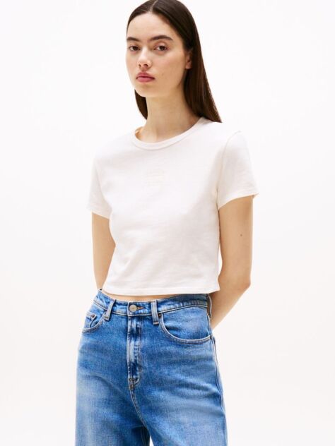Άσπρο T-Shirt Σε Slim Γραμμή Με Tonal Σημαία  Γυναίκες