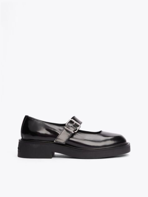 Black Leather Block Heel Mary Janes  Women