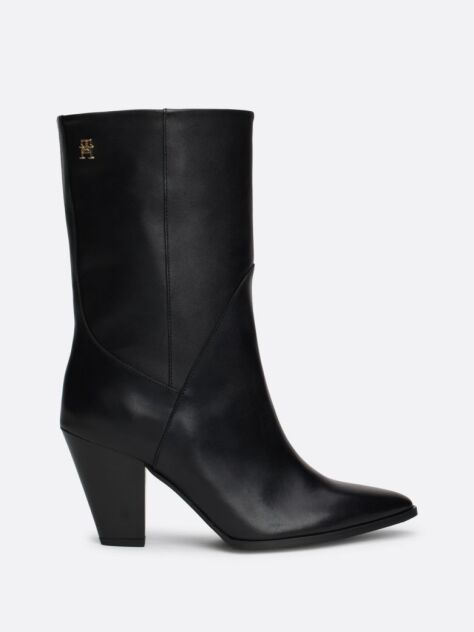 Black Leather Cuban Heel Mid Boots  Women