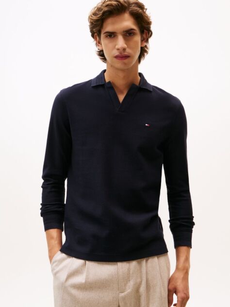 Blue Jacquard Long Sleeve Polo Shirt  Men