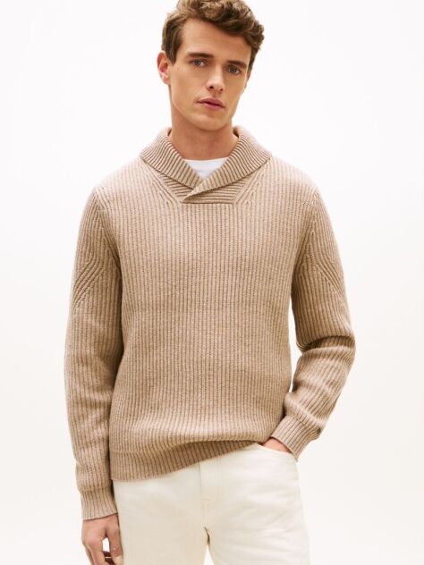 Μπεζ Smart Casual Μάλλινο Πουλόβερ Με Γιακά  Άνδρες