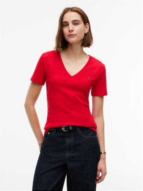 Κόκκινο T-Shirt Με Λαιμόκοψη V Και Slim Γραμμή  Γυναίκες