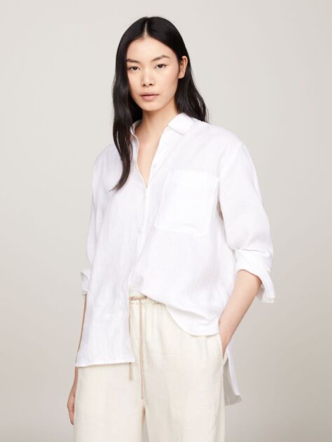 White Linen Patch Pocket Relaxed Fit Shirt  Women