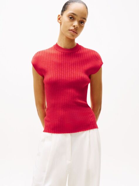Red Ribbed Cap Sleeve Slim Jumper  Women