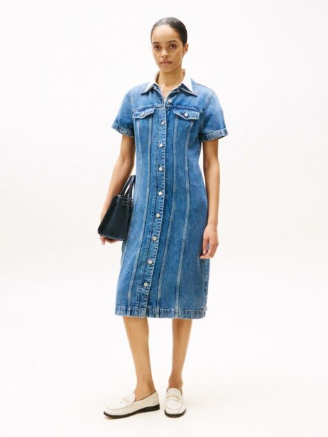 Μπλε ΚοντομάνικοDenim Φόρεμα Midi Σε Στιλ Πουκαμίσα  Γυναίκες