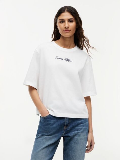 Άσπρο Άνετο T-Shirt Με Λογότυπο Και Στρογγυλή Λαιμόκοψη  Γυναίκες