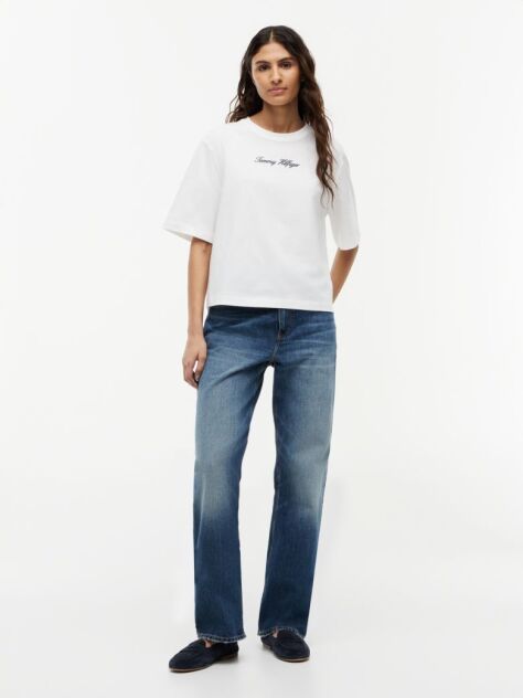 Άσπρο Άνετο T-Shirt Με Λογότυπο Και Στρογγυλή Λαιμόκοψη  Γυναίκες