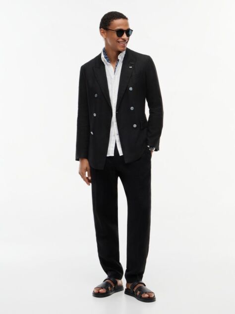 Μαύρο Smart Casual Λινό Blazer Σε Κανονική Γραμμή  Άνδρες
