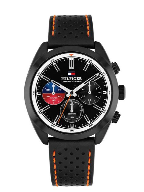 Black Black Perforated Leather Contrast Bezel Watch  Men