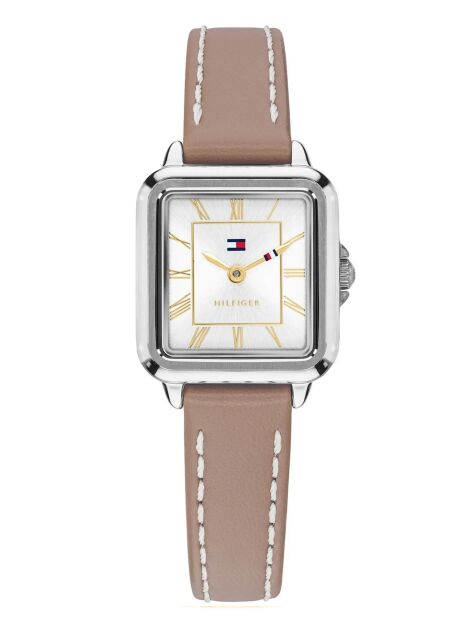 White Rectangular Dial Leather Strap Silver-Plated Watch  Women