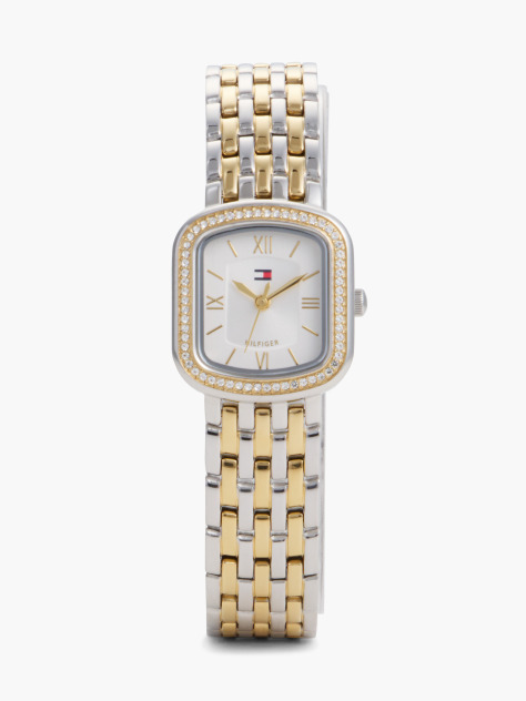 White Crystal Bezel Two-Tone Rectangular Dial Watch  Women