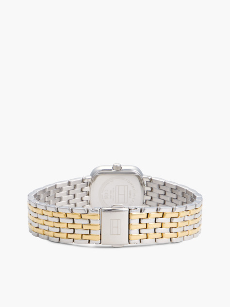 White Crystal Bezel Two-Tone Rectangular Dial Watch  Women