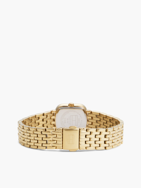 White Crystal Bezel Gold-Plated Rectangular Dial Watch  Women