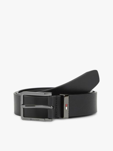 Black Debossed Logo Square Buckle Leather Belt  Men
